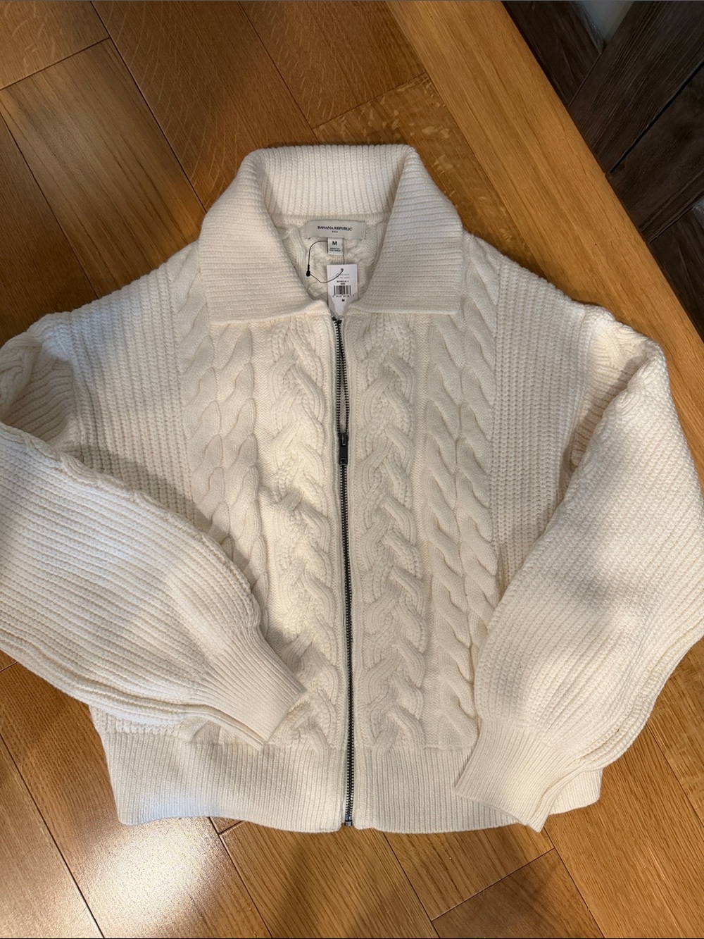 Banana Republic Cream Cable Knit Zip Jacket